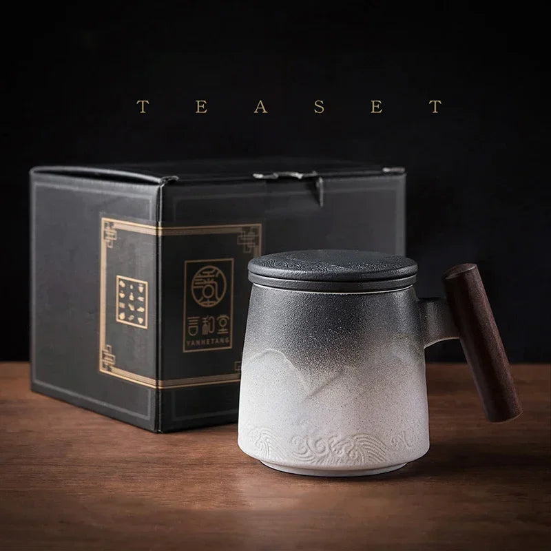 Caneca de chá de cerâmica vintage com tampa e infusor, cabo de madeira (301-400ml)