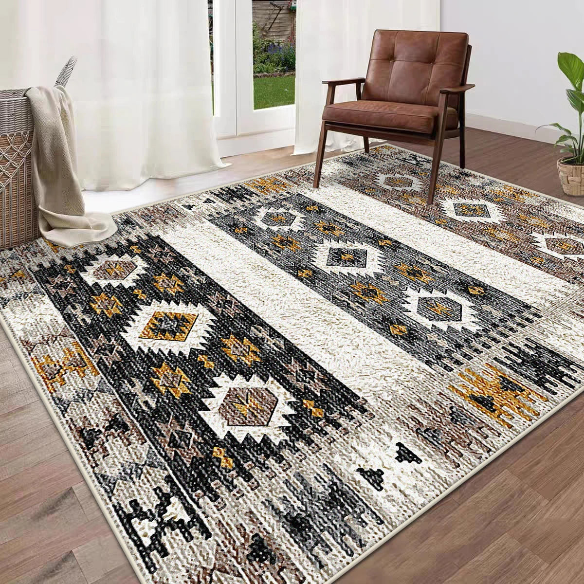 Tapete geométrico marroquino estilo boho para sala de estar, tapete de pelúcia de pelo alto, antiderrapante