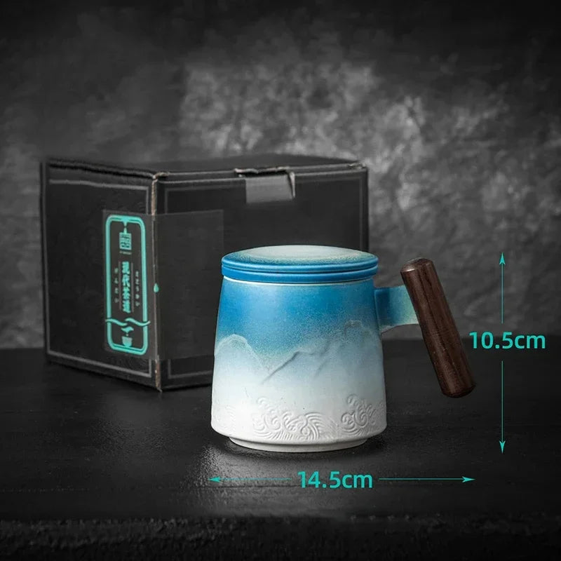 Caneca de chá de cerâmica vintage com tampa e infusor, cabo de madeira (301-400ml)