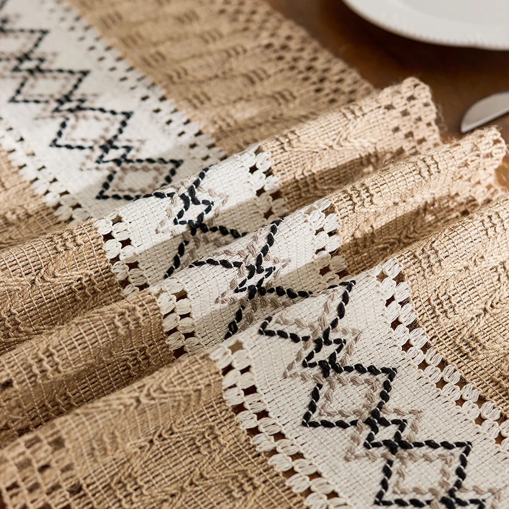 Caminho de mesa boho em macramê para decoração de casa com bordas, longo