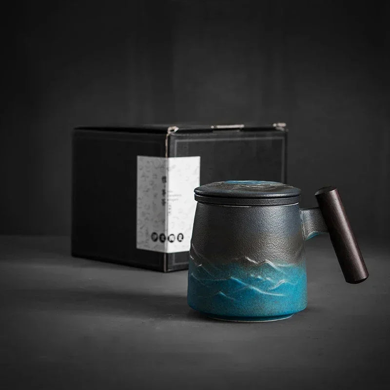 Caneca de chá de cerâmica vintage com tampa e infusor, cabo de madeira (301-400ml)