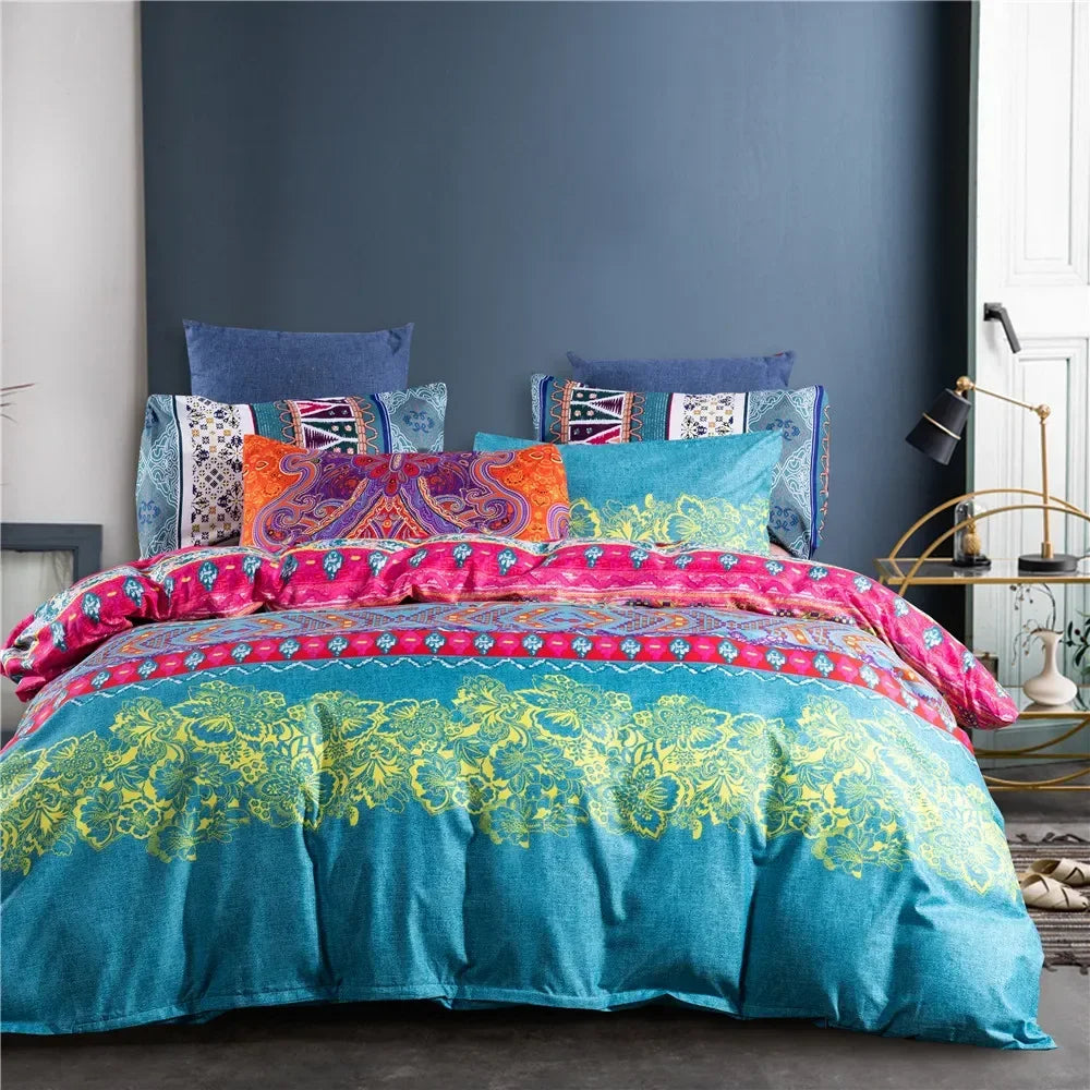 Conjunto de cama estilo boêmio com mandala, estampa floral, capa de edredom e fronha,  casal, queen, super king, 3 peças