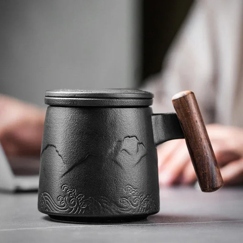 Caneca de chá de cerâmica vintage com tampa e infusor, cabo de madeira (301-400ml)