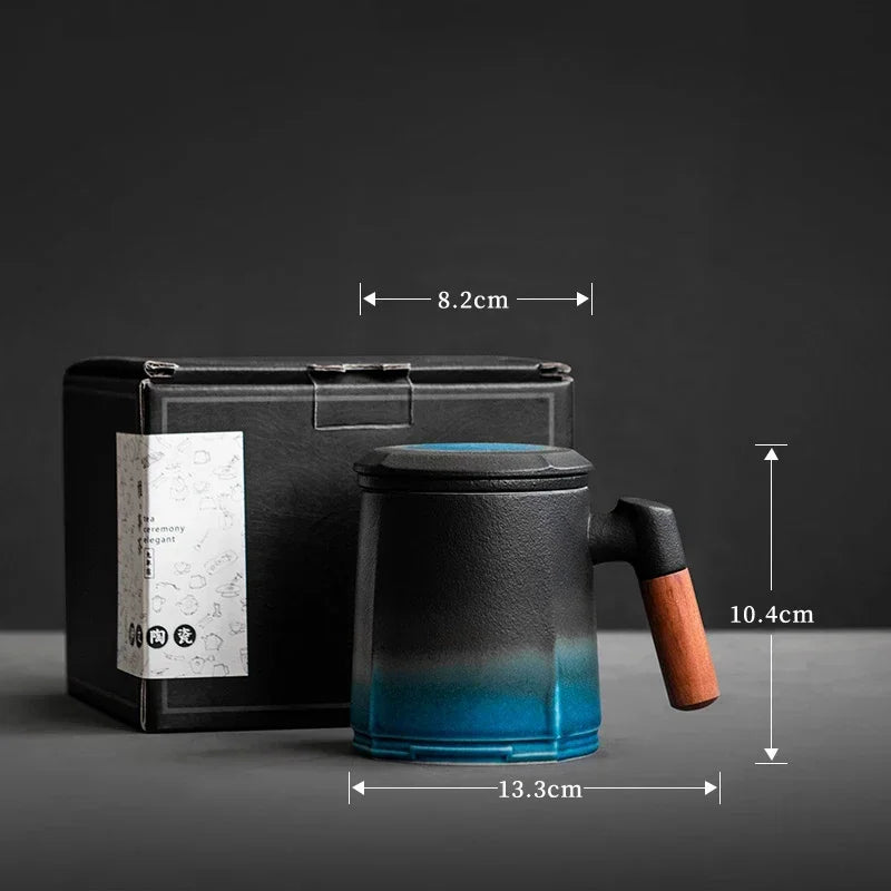 Caneca de chá de cerâmica vintage com tampa e infusor, cabo de madeira (301-400ml)