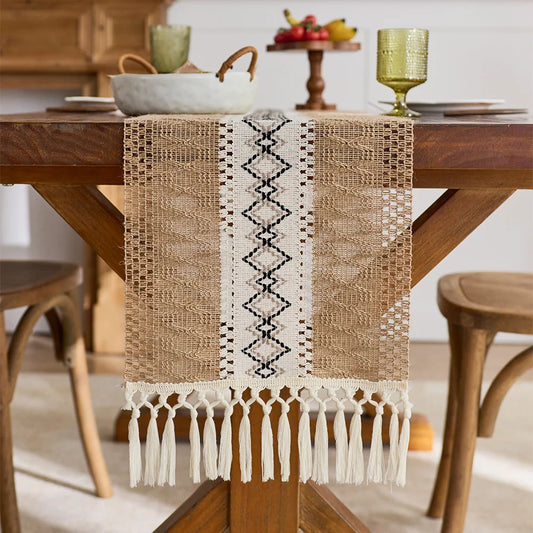 Caminho de mesa boho em macramê para decoração de casa com bordas, longo