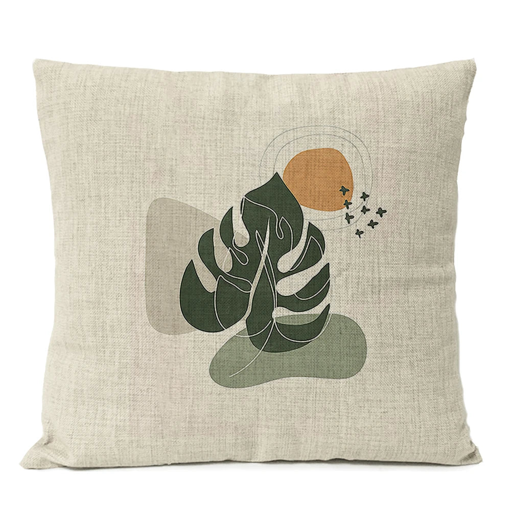 Capa de almofada floral com folhas geométricas boho, decoração para casa, lua, sol, flores, linho
