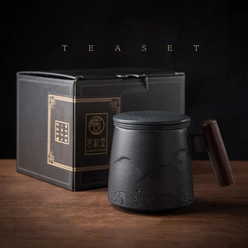 Caneca de chá de cerâmica vintage com tampa e infusor, cabo de madeira (301-400ml)