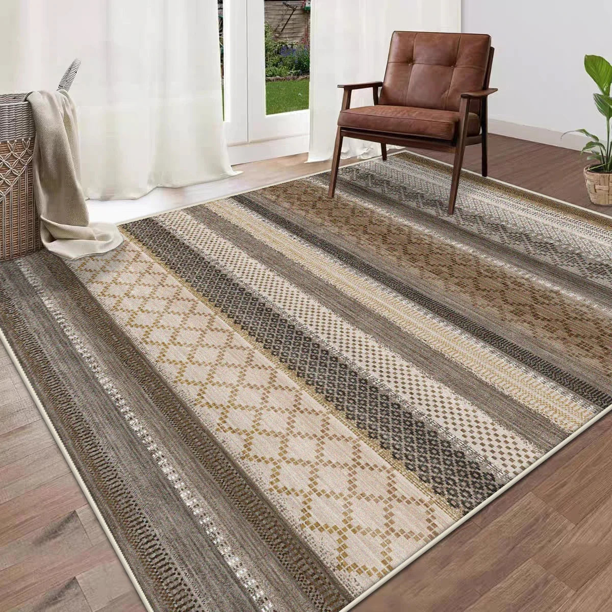 Tapete geométrico marroquino estilo boho para sala de estar, tapete de pelúcia de pelo alto, antiderrapante