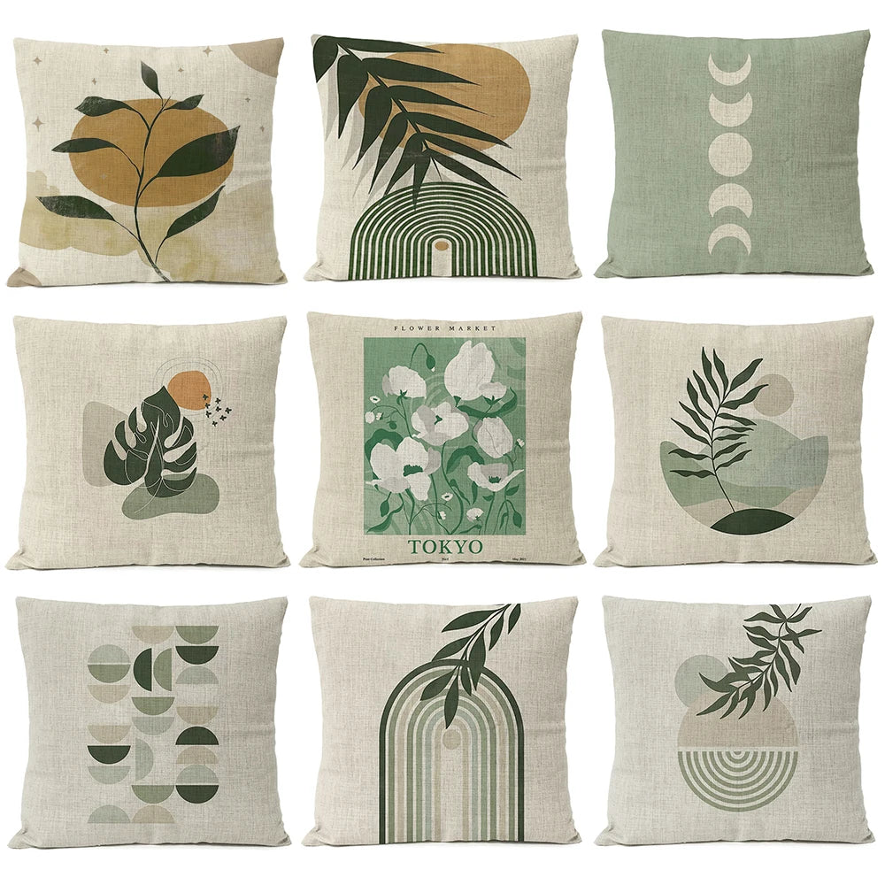 Capa de almofada floral com folhas geométricas boho, decoração para casa, lua, sol, flores, linho