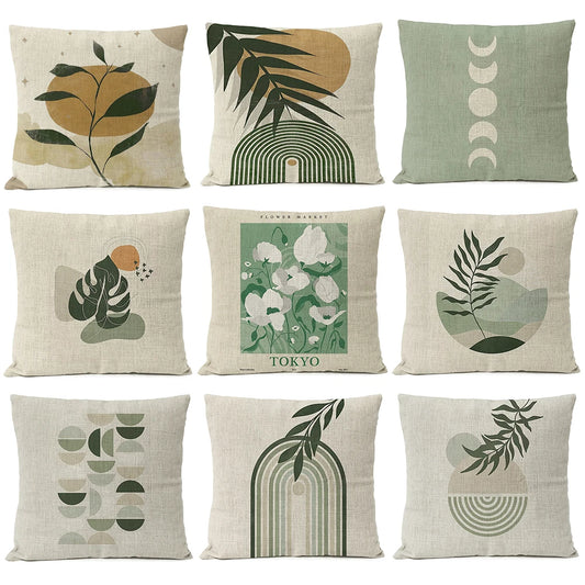 Capa de almofada floral com folhas geométricas boho, decoração para casa, lua, sol, flores, linho