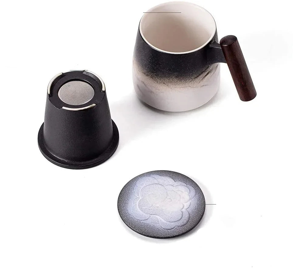 Caneca de chá de cerâmica vintage com tampa e infusor, cabo de madeira (301-400ml)