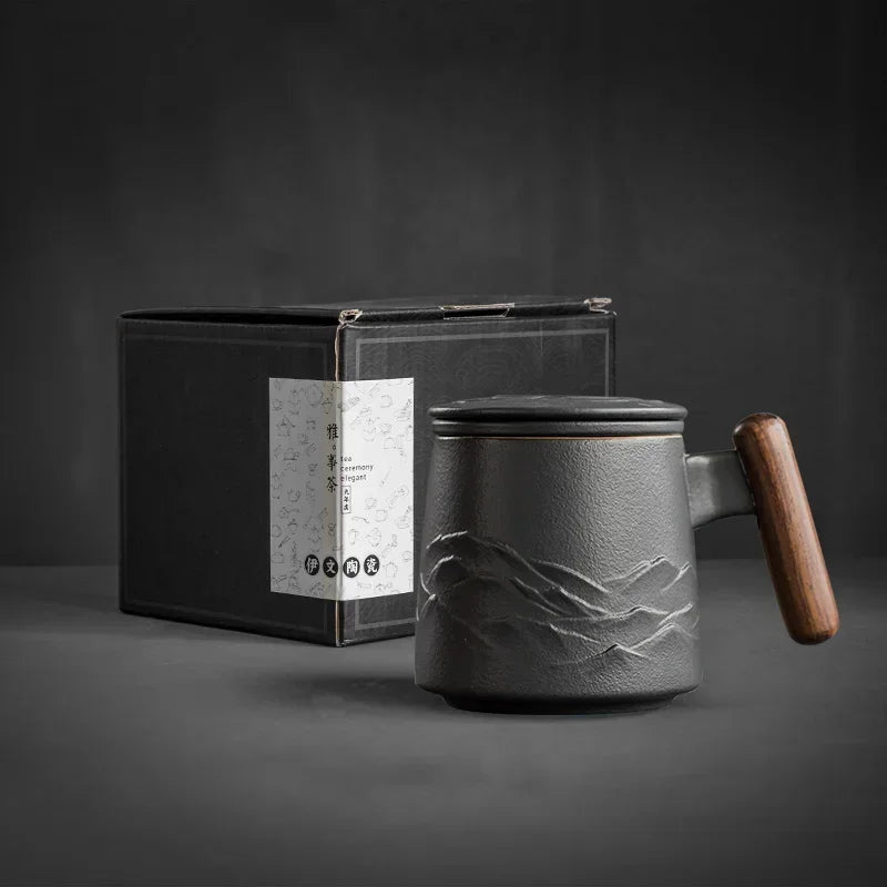Caneca de chá de cerâmica vintage com tampa e infusor, cabo de madeira (301-400ml)