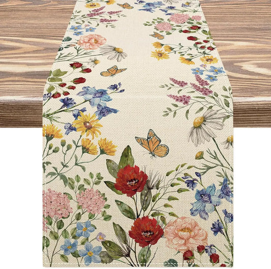 Caminho de mesa de linho com flores silvestres em aquarela de primavera