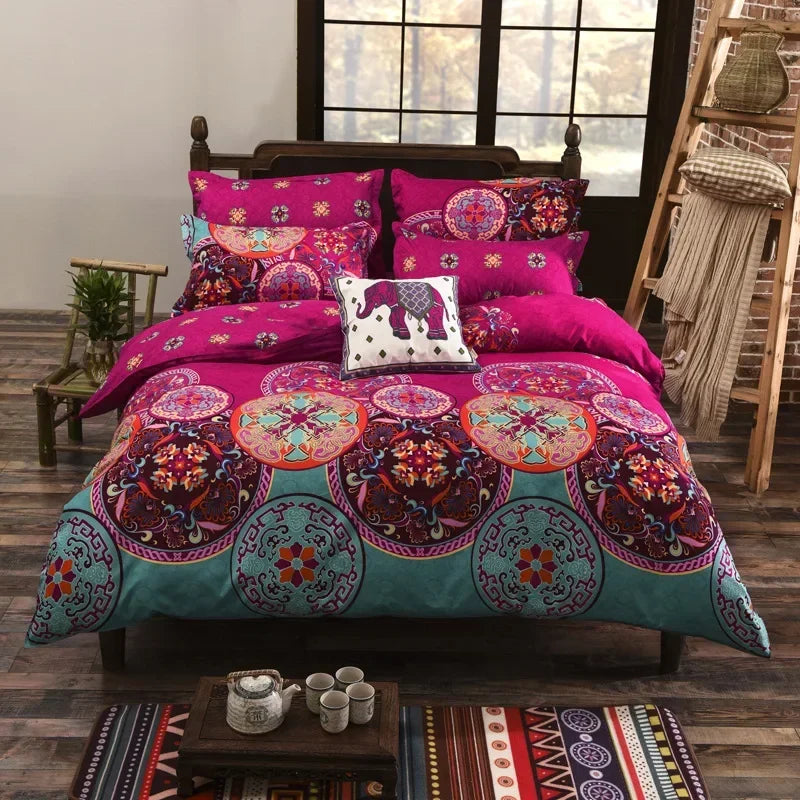 Conjunto de cama estilo boêmio com mandala, estampa floral, capa de edredom e fronha,  casal, queen, super king, 3 peças